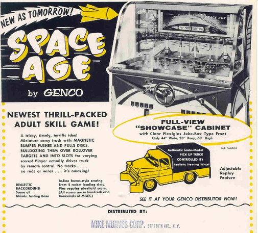 Flyer for Genco's Space Age, a Motorama derivative driving game.

https://www.pinrepair.com/arcade/gspacag.htm