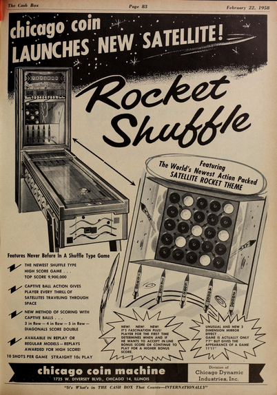1958-02-22 Cash Box pg 83. Advertisement for the shuffle alley game Rocket Shuffle by Chicago Coin.