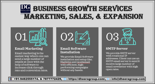 Accelerate your business growth in key areas. We specialize in marketing, sales optimization, and strategic expansion to maximize your success. Get In Touch: 📲  +91-9462555174. & 7877772429, 🌐: https://dheeragroup.com/, 📧: info@dheeragroup.com
#emailmarketinginindia #emailmarketingservices #SMTPServers #CampaignManagement #MassEmailSoftwareInstallation