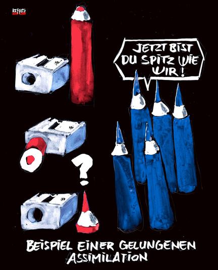 Ein Bleistiftspitzer und ein stumpfer, roter Stift (welcher in drei Sequenzen gespitzt wird) und nun in Anwesenheit von mehreren, spitzen, langen, blauen Stifte, gehörig an Länge verloren hat. Ein Beispiel gelungener Assimilation. Die langen Stifte sagen: „Jetzt bist du spitz wie wir!“