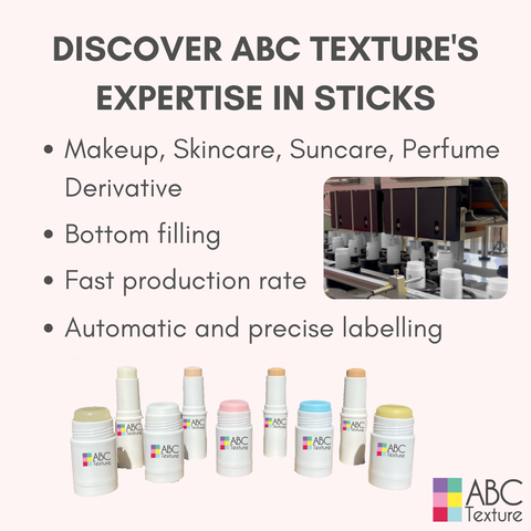 Promotional visual from ABC Texture highlighting its expertise in stick manufacturing. The text mentions key features: suitable for makeup, skincare, suncare, and perfume derivatives, bottom filling, fast production rate, and automatic, precise labelling. The image shows an industrial filling line in action and a range of colorful finished sticks, all branded with the ABC Texture logo.