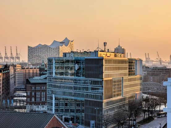 View from Villa Viva in Hamburg. Speicherstadt with prominent Elbphilharmonie.
