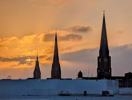 View from Villa Viva in Hamburg. Two of Hamburg's main churches and the city hall tower.