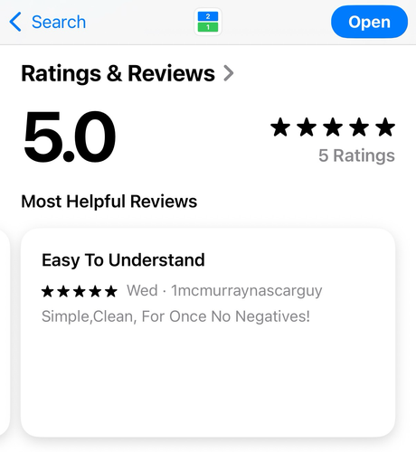 Screenshot with the 5-Star App Store review: Easy To Understand. Simple,Clean, For Once No Negatives!