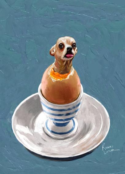 Painting of a little dog coming out of a hard-boiled egg in an egg cup on a saucer.