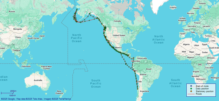 This is a map of the voyages of USS Yorktown in 1908-1909, when she travelled along the west coast of the Americas from Alaska to Chile.