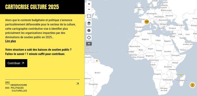 Capture d'écran du site www.cartocrise-culture.net où apparaît sur le côté droit une carte géographique du monde avec des points jaunes localisés sur la France et ses territoires d'outre-mer.