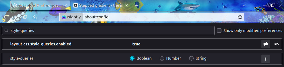 Screenshot of the `layout.css.style-queries.enabled` flag being set to `true` in `about:config` in Firefox.