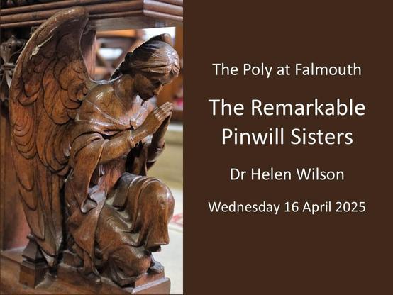 A poster for a presentation giving details. It is illustrated with a photo of a semi-kneeling praying angel, carved by the Pinwill Sisters.