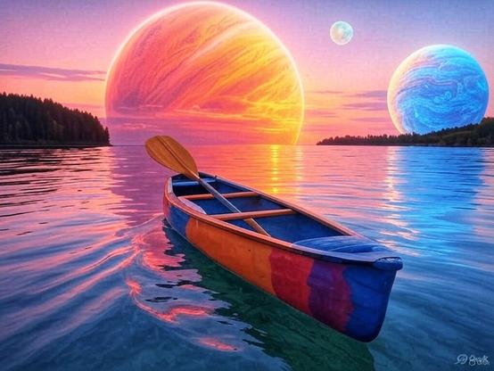 This image shows a colorful wooden canoe with a paddle floating on calm water. The canoe has a distinctive pattern with orange, red, purple, and blue sections. In the background is a surreal science fiction landscape featuring three planets or moons in the sky - a large orange/yellow gas giant dominating the horizon, a smaller blue planet to the right, and a tiny moon visible in the upper portion. The water reflects the vibrant sunset colors, creating a gradient from warm pinks and oranges on the left to cool blues on the right. Silhouettes of trees and forest line the shoreline in the distance. The overall effect is dreamlike and otherworldly, combining natural elements with fantasy cosmic scenery.​​​​​​​​​​​​​​​​ AI image created by Grok.