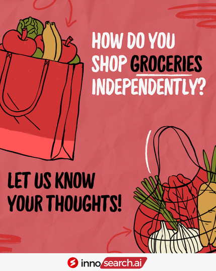 Illustration on a pink background asking "HOW DO YOU SHOP GROCERIES INDEPENDENTLY?". A red reusable shopping bag overflowing with a tomato, lettuce, pears, and an apple is shown on the top left. A white string bag containing leafy greens, tomatoes, and onions is depicted on the bottom right. Text below the bags reads "LET US KNOW YOUR THOUGHTS!".