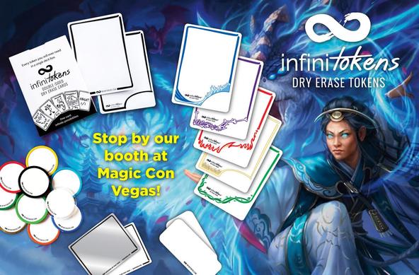 A graphic with the art from Tarkir: Dragonstorm with InfiniTokens dry erase tokens products and the InfiniTokens logo. The products include dry erase cards, 5-color dry erase cards, dry erase tags, dry erase counters and dry erase labels.