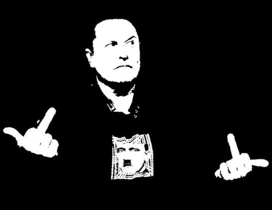 Description of the content: 
Image - Composition of graphic elements showing a fictitious Nazi asshole with raised middle fingers. 

Political Fictional Parody: 
Any Resemblance To Living Or Real People Is Purely Coincidental. 