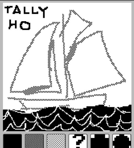 a low resolution drawing app with a doodle showing the gaff cutter Tally Ho restored by the sampson Boat Co.