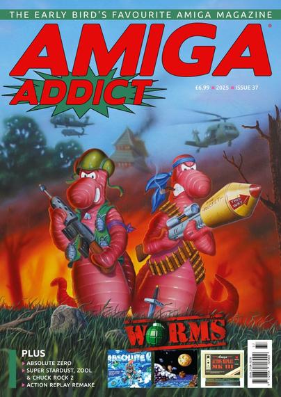 The cover of Amiga Addict Issue 37, featuring the original boxart of Worms by Kevin Jenkins