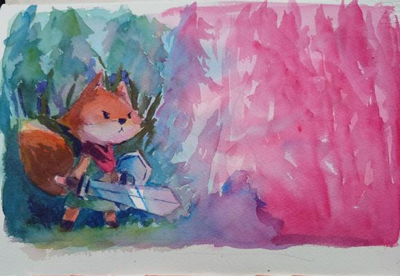 A watercolor sketch of the main character from Tunic looking determined. There is a green abstract forest behind him and he's looking at a pink red altered forest to his right. He has his sword at the ready for whatever might approach him