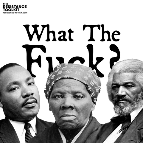 Black and white photographic portraits of Martin Luther King Jr., Harriet Tubman, and Fredrick Douglas stare out with looks of disgust. Text peaks up behind them reading 'What the F...?'. The heads of the portraits obscures the last word. 
