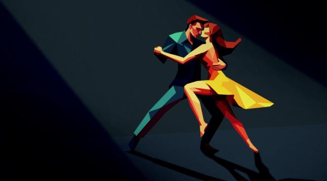 The full life of the painting, depicting the dancing couple in the famous traditions pop art. cute contours and game with geometry provide good motion and energy.
