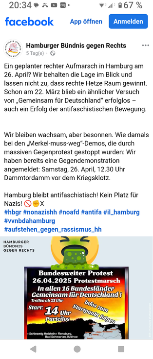 Aufruf zur Demonstration gegen Rechts in Hamburg am 26.4.25
Ein Smiley kotzt auf das Plakat der Rechtsextremen.
