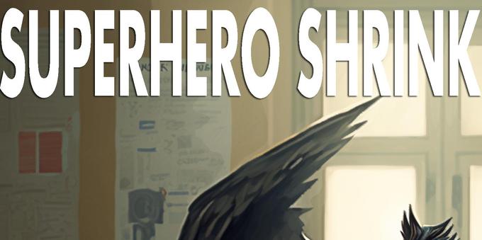Superhero Shrink cover - a superhero sits in a therapists' office.