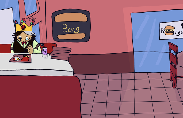 Simon is sitting at a wall booth in a Burger King parody restaurant called "Borg." He is eating a fry while looking down. He's wearing a paper crown that has a "B" labeled on it.