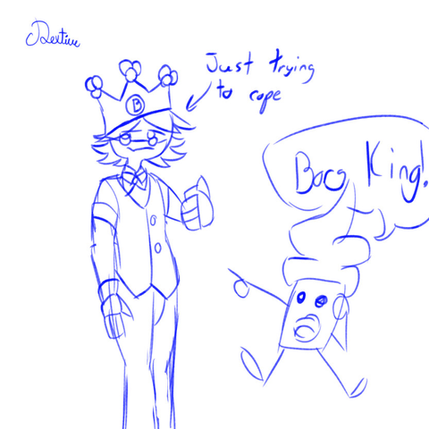 A doodle of Simon side-eyeing miserably while wearing a lop-sided Borg Crown with a frozen yogurt boy pointing, jumping, and shouting "Borg King!"
