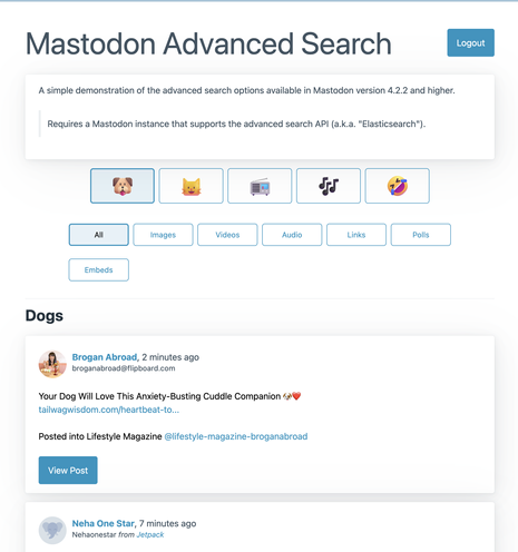 Screenshot of a Mastodon interface showcasing the "Advanced Search" feature. The section includes options for searching "All," "Images," "Videos," "Links," and "Polls." A recent post titled "Your Dog Will Love This Anxiety-Busting Cuddle Companion" is displayed, along with user handles and timestamps.