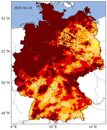Dürremonitor vom Helmholtz Zentrum für Umweltforschung. Angezeigt wird das pflanzenverfügbare Wasser in 25 cm Tiefe. Wir sehen Dürre im gesamten Bundesgebiet und ab einer Linie vom Saarland bis Rügen nordwestlich, ist das gesamte Gebiet extrem trocken.
