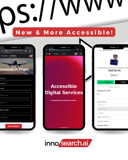 A banner with the text "New & More Accessible!" sits above three smartphone mockups displaying different pages of the innosearch.ai website. The left phone shows a flight search interface, the center phone displays a landing page with "Accessible Digital Services" text, and the right phone shows a checkout or payment screen. The innosearch.ai logo is visible at the bottom.