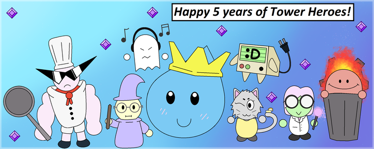 Happy 5 years of Tower Heroes!
Orders from the game "Tower Heroes" by Pixel-Bit Studio from left to right: Chef, Wizard, Spectre, King Slime, Lemonade Cat, Byte, Scientist, and Dumpster Child.