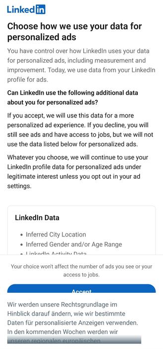 LinkedIn in Smartphone Browser. Die Seite fragt ob es Daten weitergeben und für personalisierte Ads verwenden kann. Über dem "Deny" Knopf ist eine Ankündigung die auf die nächste Änderung der Rechtsgrundlage hinweist, was es unmöglich macht abzulehen. 