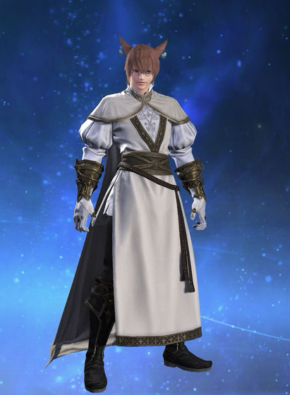 A lithe Miqo’te character with short brown hair and prominent cat-like ears stands against a cosmic-blue backdrop. Their attire is a flowing white robe accented by gold filigree, with ornate metallic bracers and gloves at the forearms. Black boots provide a striking contrast below the long robe. This is Noah Mihato, depicted as a Sage in Final Fantasy XIV.