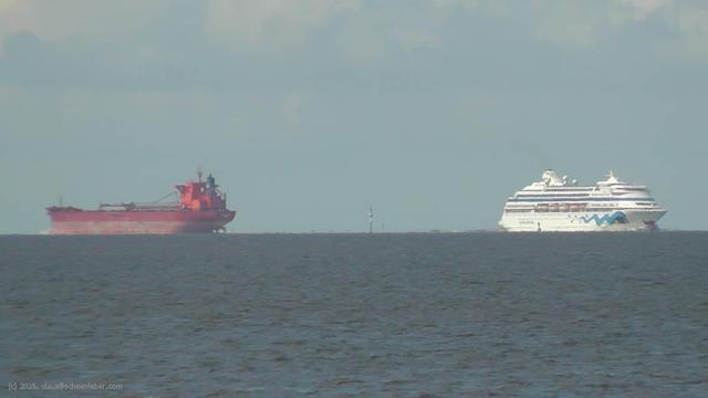 A view from the shore of Cuxhaven (Germany) to the estuary of the river Elbe into the North Sea. The horizon is placed in the vertical center of the picture. The sunny August sky is blue, no clouds. Two ships had met a moment ago. The 34 years old bulk carrier "Yeoman Bridge" (Bahamas) painted in a rusty-type red all over is sailing to the left (westward), the all over white painted cruising ship "AIDAcara" (Italy) is sailing to the right (eastward) up the Elbe river.

The ships are about 10 km away from the standpoint of the camera.

The picture is perfectly symmetrical; in the nearly exact center of the picture a white radar tower on the opposite shore, about 30 km away, marks this point in the picture.
