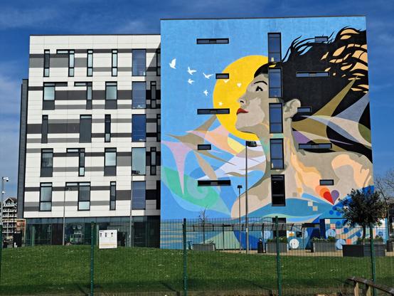 A huge multi-storey mural painted on one of the university buildings in Ipswich, last year
