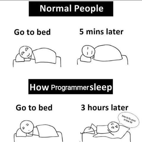 Comic comparing normal people's sleep to programmers'. Normal people sleep quickly, while programmers stay awake for hours thinking about coding errors.