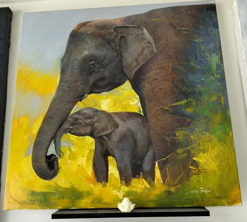 a painting , it is a mother and baby elephant, seen from the side, bright yellow grasses and shrubs around them, the baby is pressing its trunk lovingly into its mothers, they are facing left 