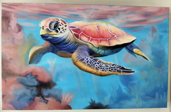 a painting of a sea turtle, swimming in clear blue and pink waters, seen from the front in a three quarter view 
