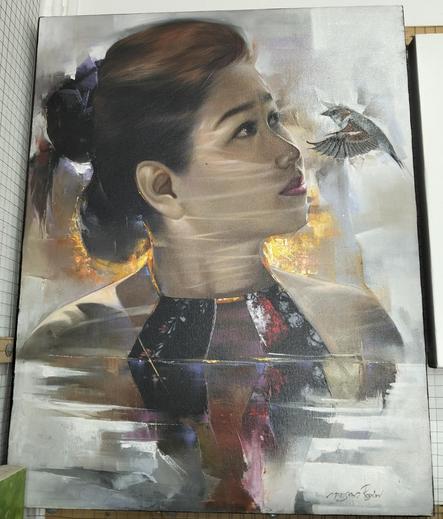 a painting of a woman seen from her chest up , she is in silvery waters, looking up, a bird in front of her face 