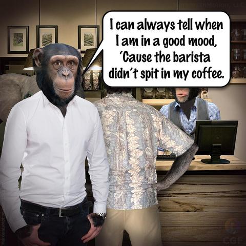 Created by C.G.Ferman
Juan BigLiar, an ape-man, is in a coffee house. He says, 
“I can always tell when I am in a good mood,
‘Cause the barista didn’t spit in my coffee.”
= = = = =
Broadcast: Saturday, February 19, 2022
©2022 Markers In Motion, LLC  &  Christopher G. Ferman
#Coffee and the #Barista 
🍌🙉🍌
-Notes: I got past Monday Meetings!