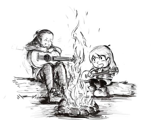 Sketch of Bella Ramsey as The Last Of Us season 2 Ellie, sitting on a log by a camp fire with Hilda. She's leaning on a guitar that's sitting on her lap, laughing as Hilda plays and sings on her own guitar.