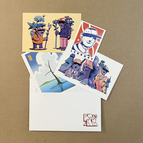 Some postcards and stickers in the style of the artist lucas saenger.