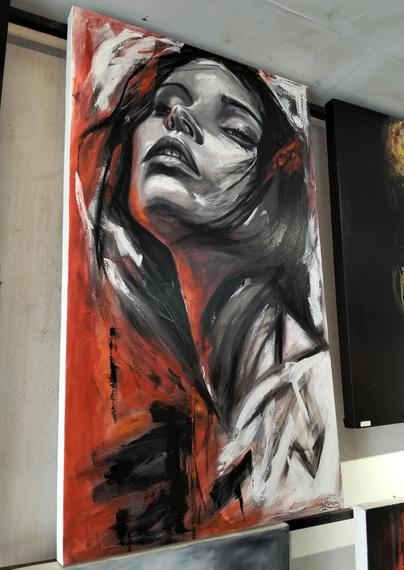 a painting of a slender dark haired woman, her face turned upwards, she is seen from the side, looing to the left of the viewer, seen from her chest up, the background is red with slashes of black and white paint on it 