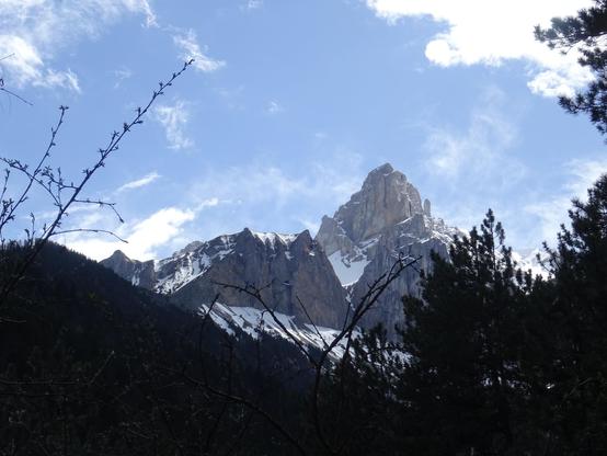 au  premier plan des arbres à contre jour (épicéas, feuillus sans feuilles)Au fond une montagne bien pentue et pointue, falaises où la neige s'accroche comme elle peut, pitons en équilibre. Ciel bleu légèrement nuageux.