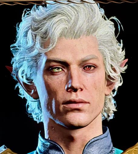 Close up picture of Astarion. The iris of one eye is red, the other is pale to the point of almost being white. It looks distinctly odd. 