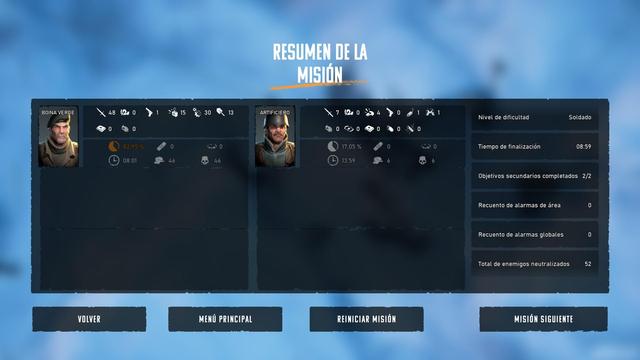 Captura de pantalla del juego donde se ven las estadísticas finales de la misión.
Lo destacable (en el contexto de mi mensaje) son las 52 bajas nazis, 46 a manos del boina verde. El artificiero puso algún que otro silbido y bomba, pero solo lo usé un 17% del tiempo total.