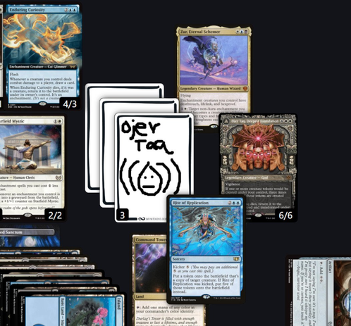 A screencap of a game on Moxfield's playtester showing a board with Rite of replication, Zur, Eternal Schemer, Ojer Taq and three InfiniTokens dry erase tokens that say Ojer Taq.