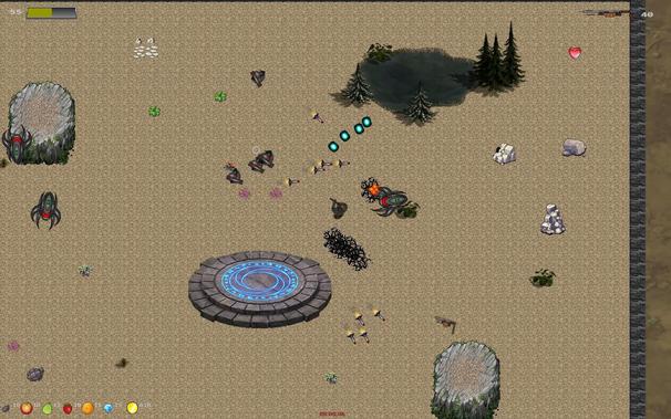 Game screenshot showing an armed player in combat against various alien enemies in a wasteland