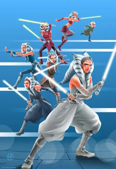 Plusieurs représentations d'Ahsoka en fonction de l'avancement de son personnage durant les différentes saisons et séries.
