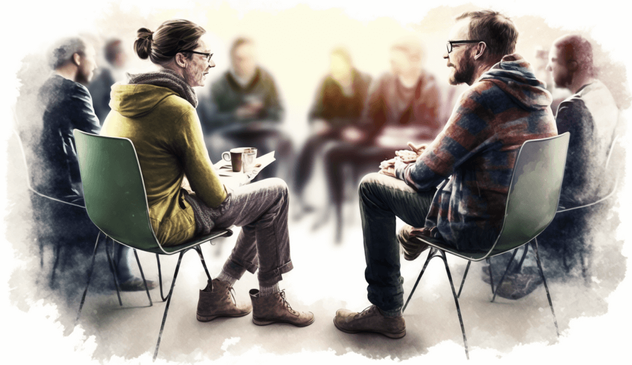 Group work practice. An image of two people who are seated in adjacent chairs looking at each other. They are part of a circle of chairs filled with other people.