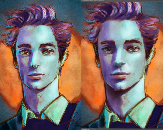 Two paintings of a young man side by side with the artist JoyousJoyfulJoyness's original version on the left, and a corrected version by Marco Bucci on the right. In both, the skin of the man is a pale blue, and the hair is purple and red. The man is wearing a collared shirt and vest, and the background is an orange circle on blue. The image on the right has more anatomy corrections, while the one on the left is more stylized.